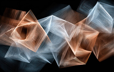 Curved and angular shapes blend warm copper and cool blue on a dark backdrop, adding depth and movement