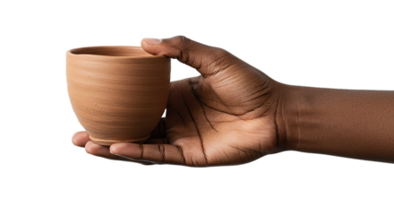 Hand holding clay cup pottery terracotta earthenware ceramic drinkware beverage traditional artisan craft 100