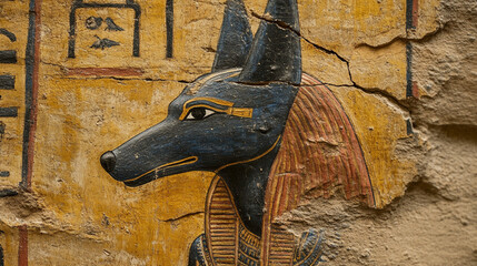 Close-up of Anubis mural on a cracked sandstone wall, vivid gold pigment in hieroglyphs contrasting with aged surface