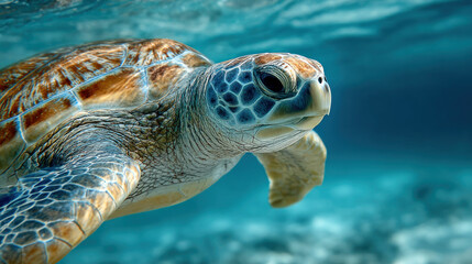 A turtle glides smoothly through clear ocean waters, displaying its intricate shell and calm nature