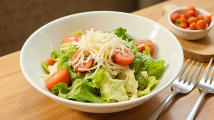 Fresh salad with lettuce, cherry tomatoes, and cheese in a white bowl