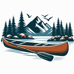 Stylized graphic of a canoe on a lake, nestled between mountains and a forest. The image is designed in a vintage poster style.