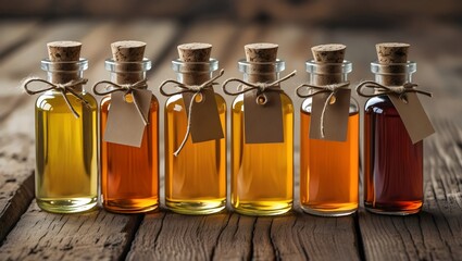 Selection of Liquid: Lined Up Glass Bottles with Cork Stoppers on a Wooden Table

