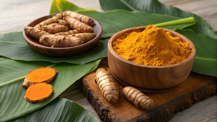 Fresh turmeric roots and powder in wooden bowls on banana leaves