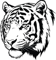 Detailed black and white illustration of a tiger s head silhouette