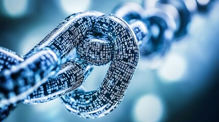 Close up of a digital chain link with binary code on a blue background