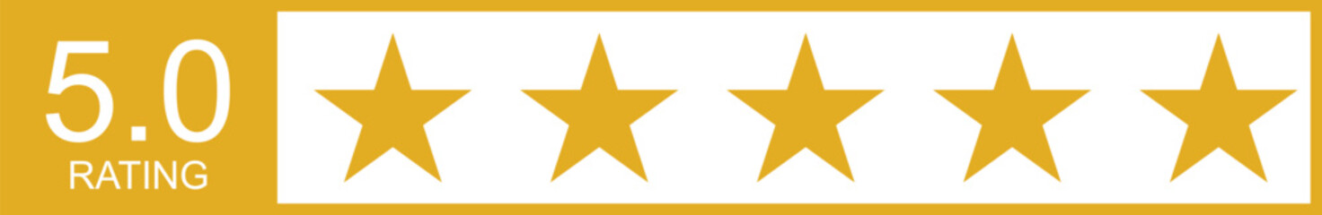 Obraz premium Five star gold rating graphic banner with 5.0 score, perfect for customer feedback, product review, hotel service, and satisfaction symbols