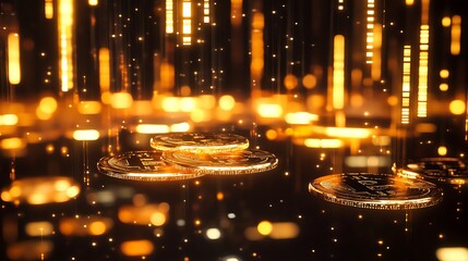 Golden bitcoins stacked on a reflective surface with bokeh lights above