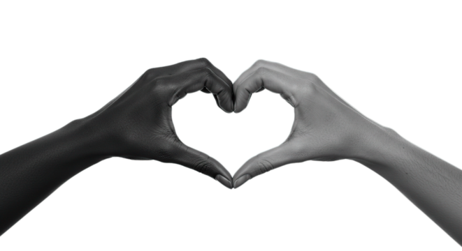 Hands forming heart shape black and white unity love diversity friendship racial equality social justice