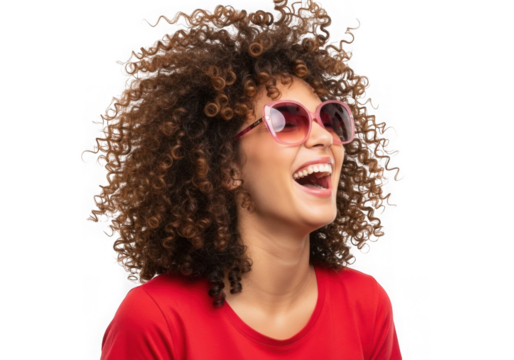 Woman laughing curly hair pink sunglasses red shirt isolated on transparent background