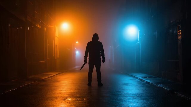 Mysterious figure stands in a foggy street at night, illuminated by colorful streetlights