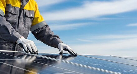 Worker installing solar panels on a roof, promoting renewable energy and sustainable technology solutions