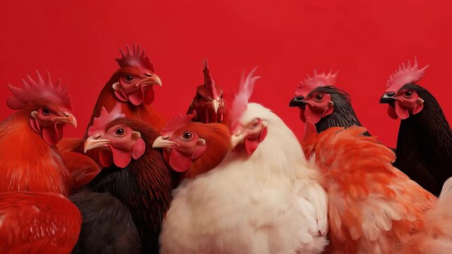 Vibrant chickens in motion against red background displaying lively flock dynamics