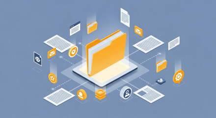 Isometric Illustration of Data Management System with Central Folder and Connected Documents Representing Organization and Efficient Information Flow