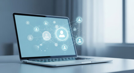 Modern Laptop Displaying Network Connection Interface for Global Communication and Social Media Connectivity in a Bright Contemporary Workspace Environment