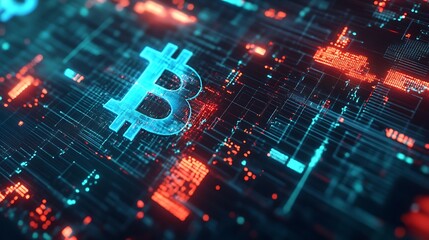 A bitcoin symbol overlaid on a complex digital circuit board design