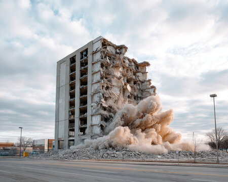 Large concrete structure collapses in a controlled demolition, sending dust and debris into the air as onlookers watch