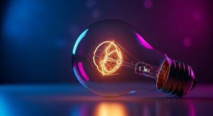 Glowing light bulb with filament on blue and pink background for innovation and creativity