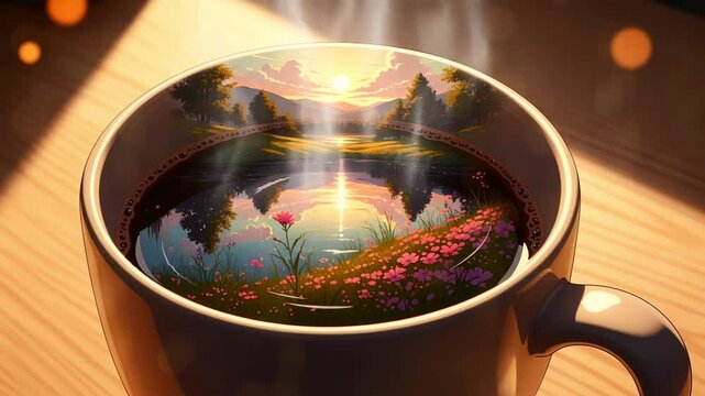 Coffee Cup Reflecting a Tranquil Lake and Sunset Landscape Surrounded by Pink Flowers under Gentle Morning Light with Water Reflections