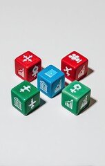 Six colorful dice, arranged in a starburst pattern, each displaying different icons