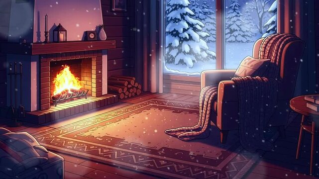 Cozy Winter Room Interior with Fireplace Armchair and Snow Falling Outside the Window Creates a Warm and Relaxing Atmosphere