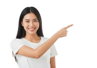 Smiling asian woman pointing direction portrait isolated on transparent background