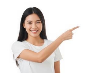 Smiling asian woman pointing direction portrait isolated on transparent background