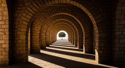 Illuminating path through an ancient stone archway leading to nature's canvas