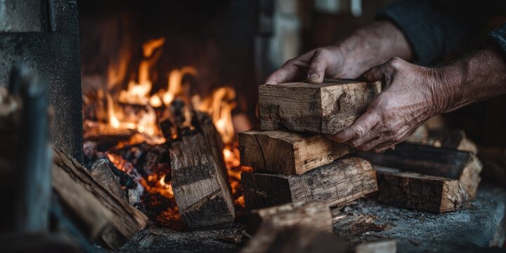 Hands carefully placing firewood in a rustic fireplace