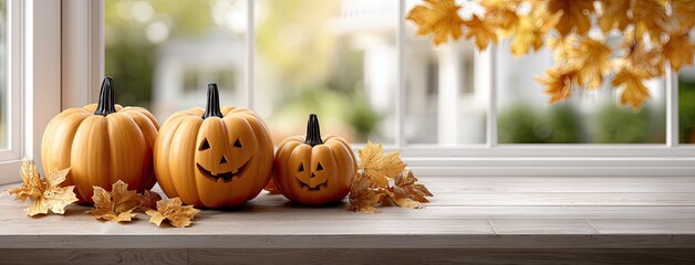 Carved pumpkins sit on a windowsill, glowing warmly in the sunlight, filled with anticipation for Halloween festivities in autumn