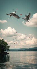 Obraz premium Birds in love, lake view