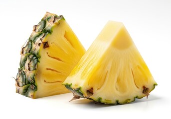 Two juicy ripe pineapple wedges with green spiky rind on white fruit food