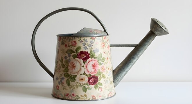 Vintage floral watering can on white background