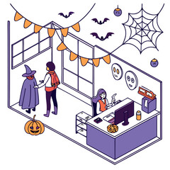 Isometric office scene decorated for halloween with a witch, bats, and a pumpkin, and office worker