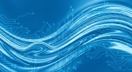 Blue Abstract Technology Background with Flowing Digital Wave Lines and Circuit Board Design, Futuristic High-Tech Concept, Streamlined Data Flow for Innovation, Network, and Cyber Graphics