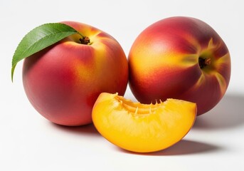 Two ripe peaches with a slice on a white fruit food