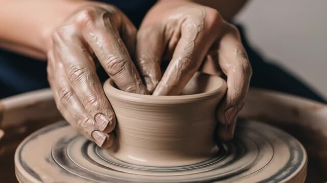 footage hands shaping clay pottery wheel creative process