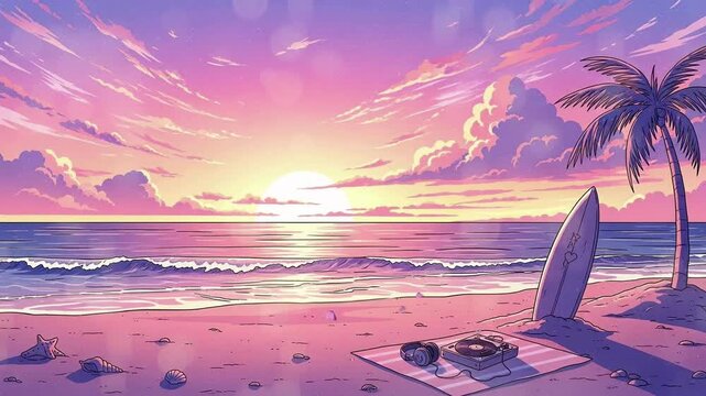 Pink and Purple Sky at Sunset over Beach with Palm Tree and Surfboard Beside a Record Player on a Summer Day