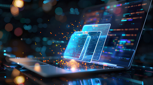 Digital file folders file transfer, prompt engineering. Business conversion computer algorithm. Software screens video scene, bits and bytes infographic. Computerized digital tablet computer