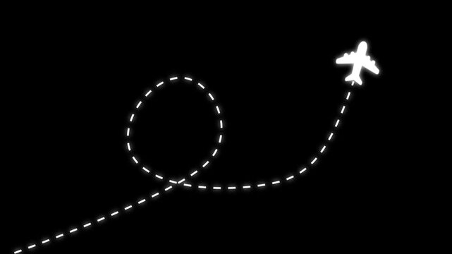 Airplane Route Animation with Dotted Line Path on Transparent Background . Travel Flight Overlay.Airplane Dotted Path Animation, Alpha Channel