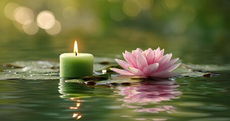 Gentle green candle and pink lotus on still water, tranquil scene