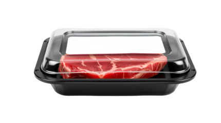 Black plastic tray containing raw beef steak and blank label mockup packaging isolated on transparent background