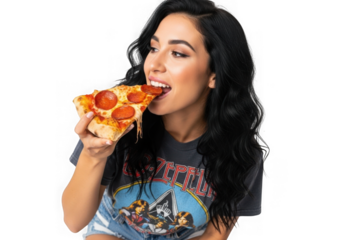 Woman eating pepperoni pizza slice food delicious meal isolated on transparent background