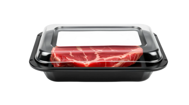 Black plastic tray containing raw beef steak and blank label mockup packaging isolated on transparent background