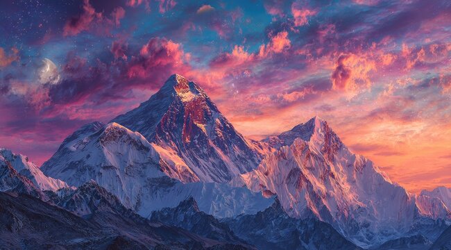 Majestic mountain range at sunset, vibrant colors, snow-capped peak