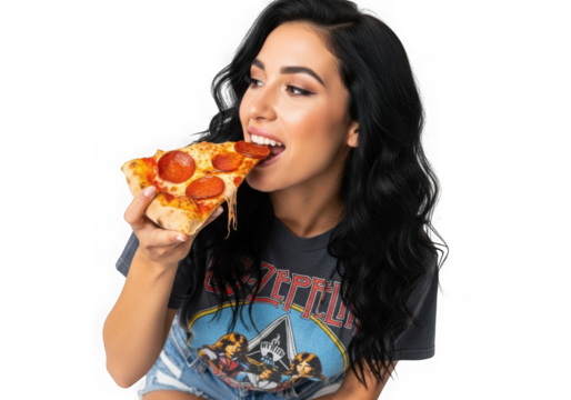 Woman eating pepperoni pizza slice food delicious meal isolated on transparent background