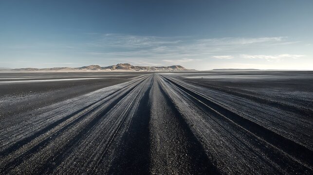 Vast icy landscape with tire tracks leading towards distant snow capped mountains - Powered by Adobe