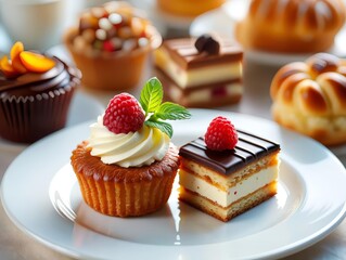 Delicious homemade chocolate cake with fresh berries and cream