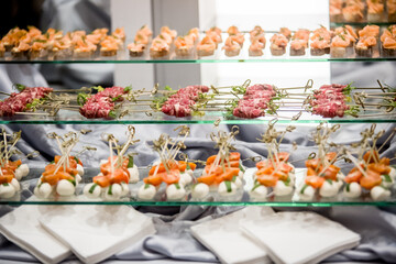 Delicious wedding appetizers displayed on glass shelves, salmon, meat, and cheese bites waiting for guests