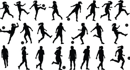 Silhouettes of soccer players in dynamic action poses, football movement illustration, athletic sports figures, competitive play, high-impact vector design